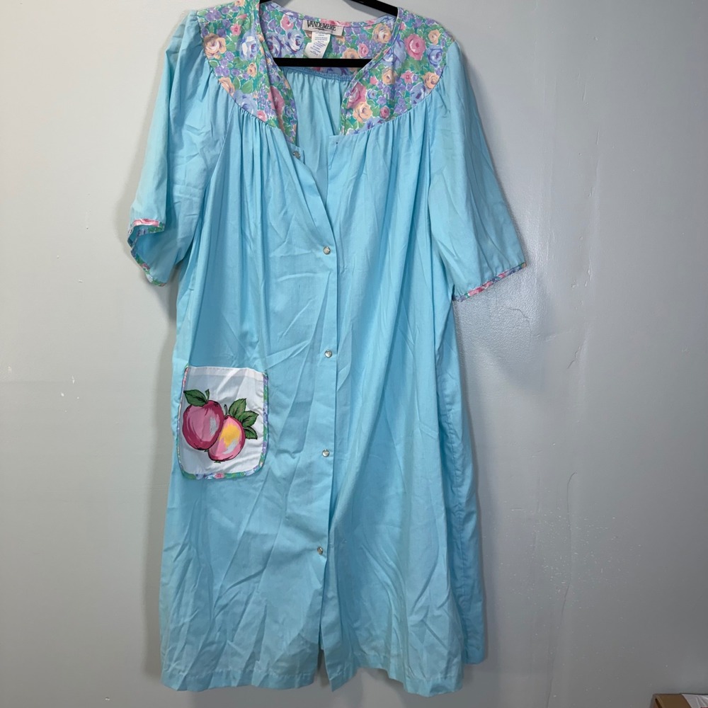 Vintage Vandemere Blue Floral House Coat Duster Robe XXL Grandmacore Cottagecore